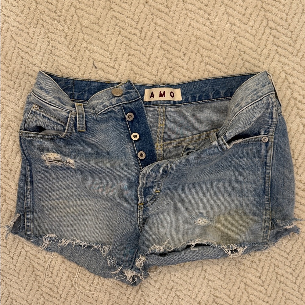 AMO Light Blue Distressed Denim Cutoff Shorts